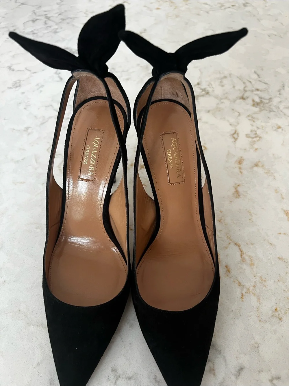 Aquazzura Firenze Black Suede Pointed Bow-Back Stiletto Pumps